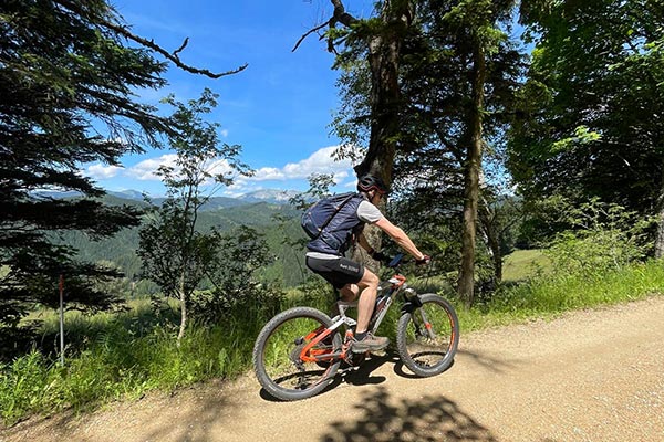 Mountainbiker mit Rucksack fährt die Forststraße hinauf - im Hintergrund die wundervolle Bergwelt.